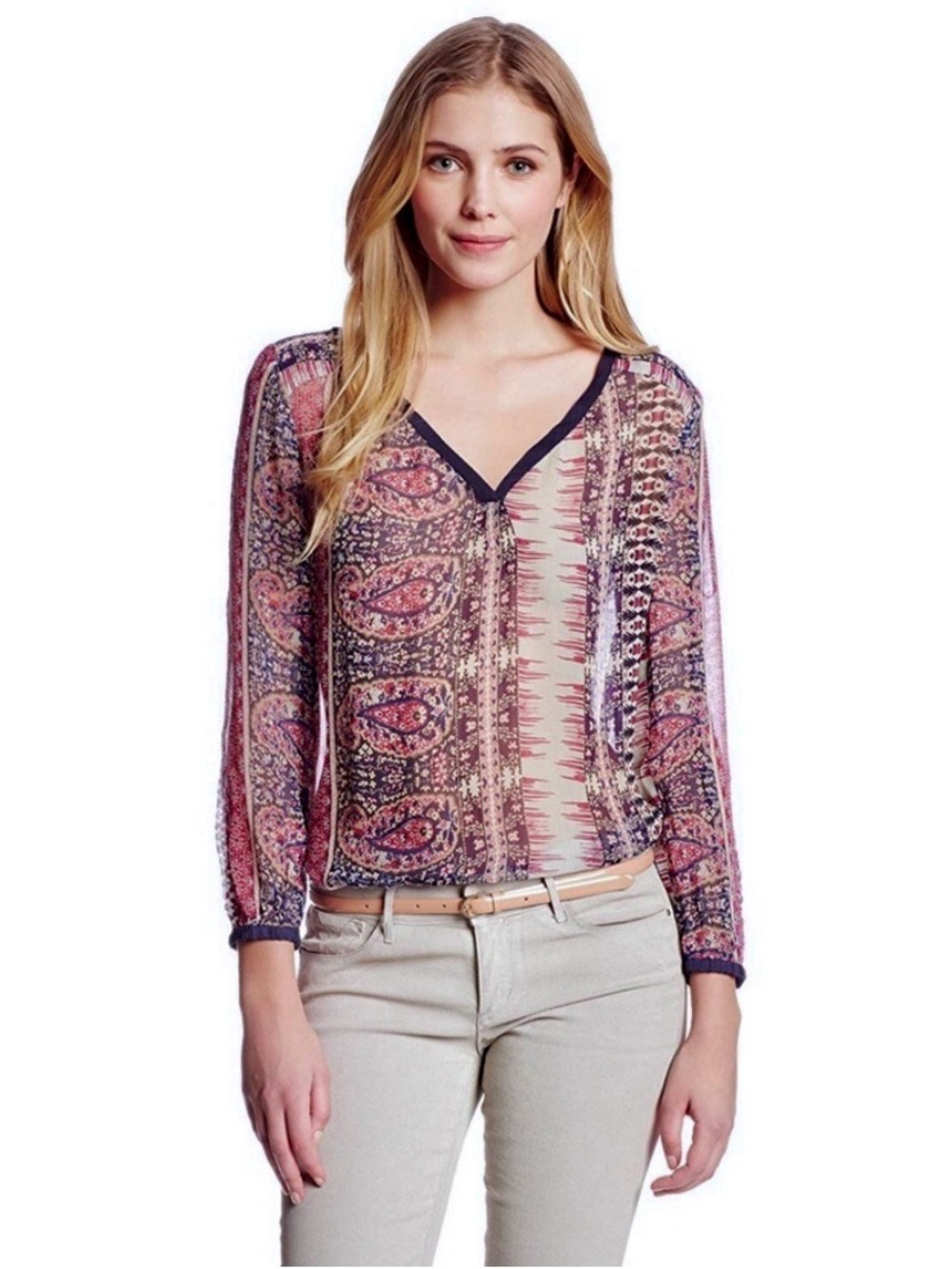 Lucky Brand Paisley print sheer long sleeve v-neck blouse